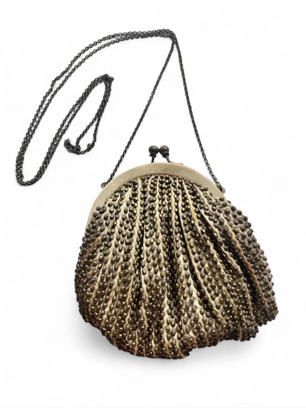 SANTI Beaded Kiss Lock Evening Bag Crossbody Clutch Champagne Bronze Gold